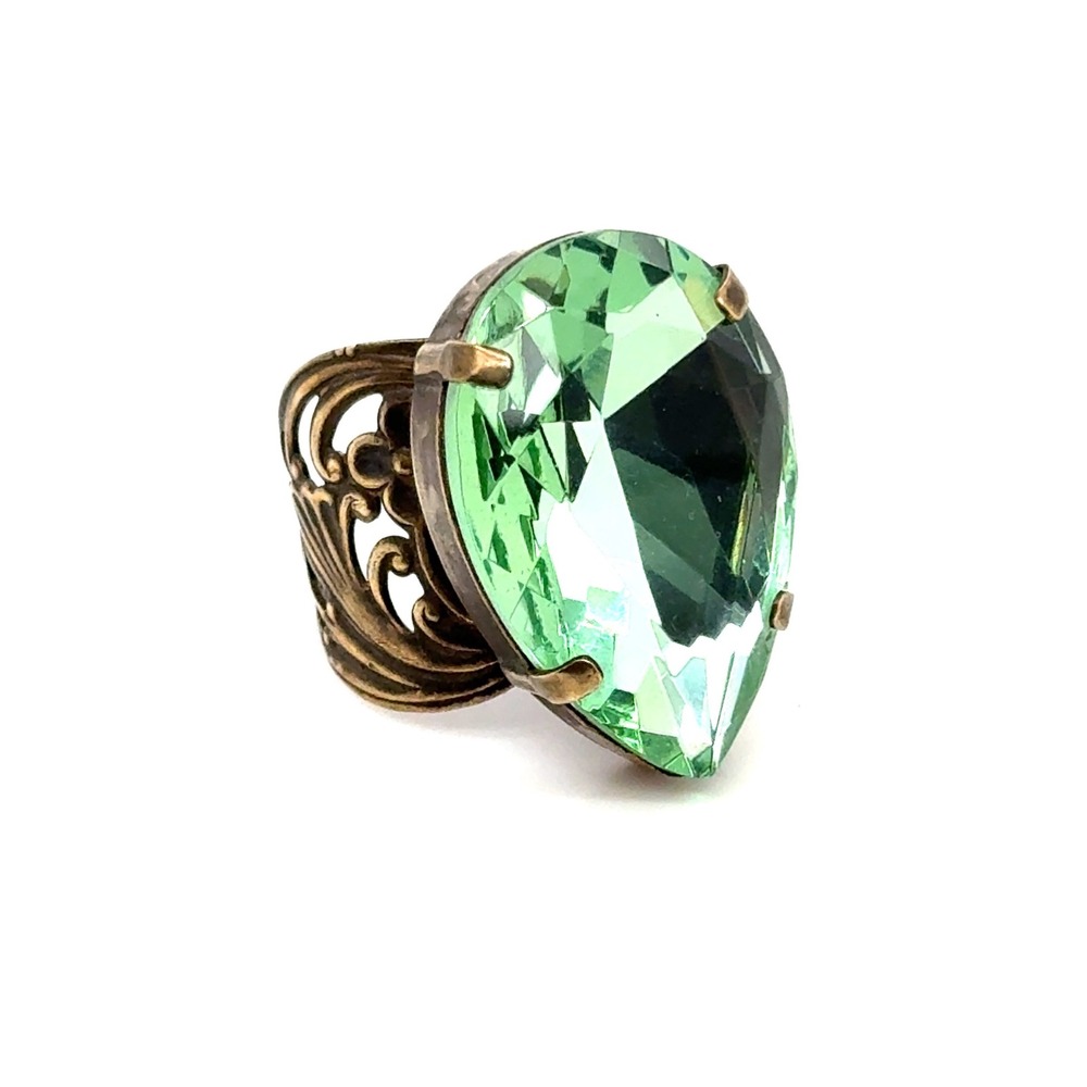 Sorrelli Green Crystal Pear Cut Statement Ring Antique Brass Filigree Size 9.5